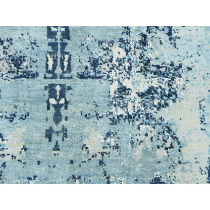 9'x9' Blue Hand Knotted Abstract Design Pure Silk and Wool Round Rug