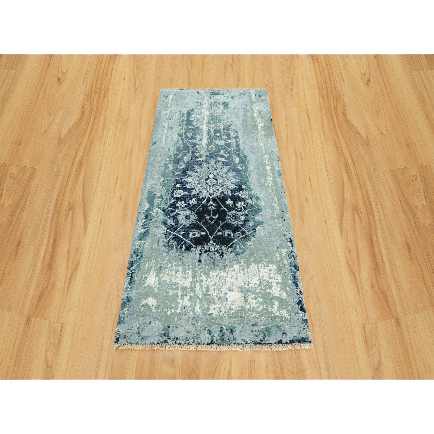 3'X5'10" Blue Hand Knotted Erased Zoroastrian Wool And Silk Runner Rug