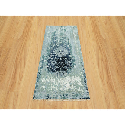 3'X5'10" Blue Hand Knotted Erased Zoroastrian Wool And Silk Runner Rug