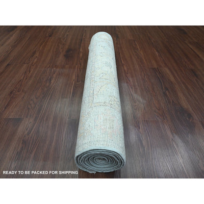 3'X9'9" Cloud Gray Afghan Angora Oushak Pure Wool Hand Knotted Runner Rug