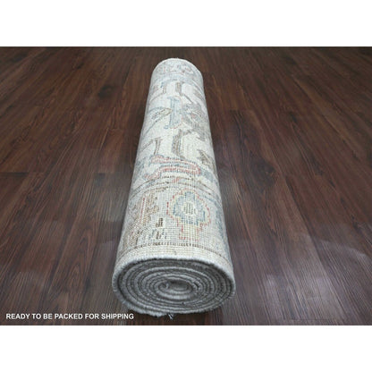 3'X15'9" White Afghan Angora Oushak Pure Wool Hand Knotted Runner Rug