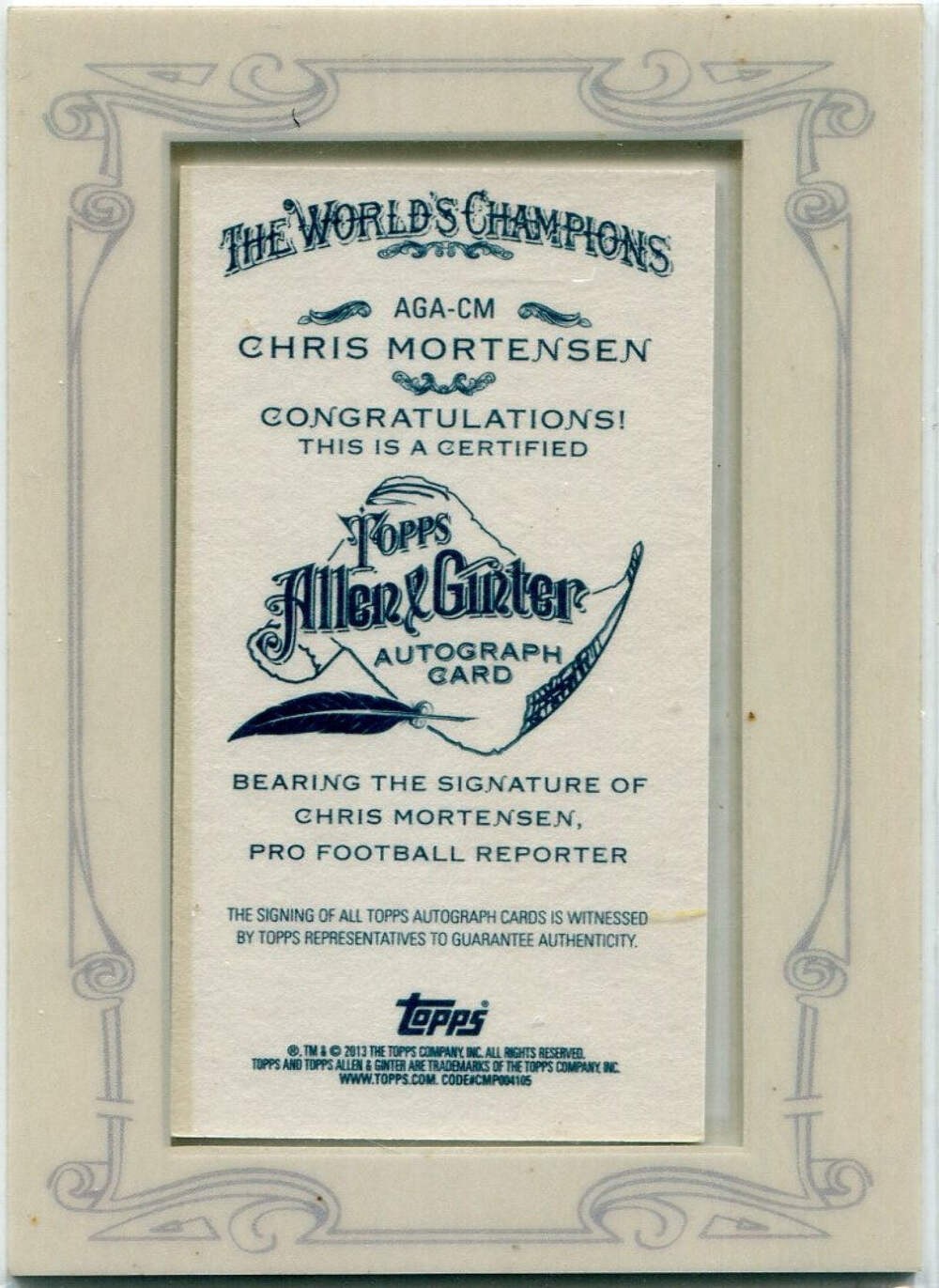 Chris Mortensen 2013 Topps Allen & Ginter Autographed Card #Aga-Cm