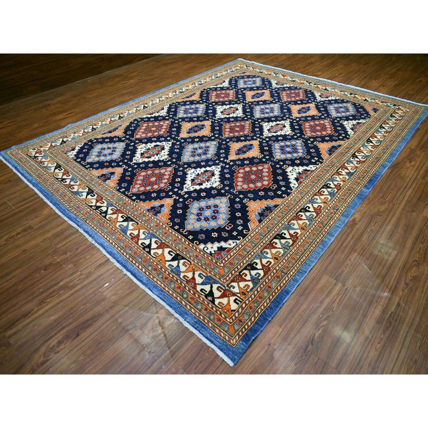 9'2"X11'10" Blue Afghan Ersari With Large Elements Wool Hand Knotted Rug