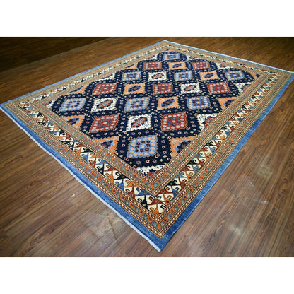 9'2"X11'10" Blue Afghan Ersari With Large Elements Wool Hand Knotted Rug