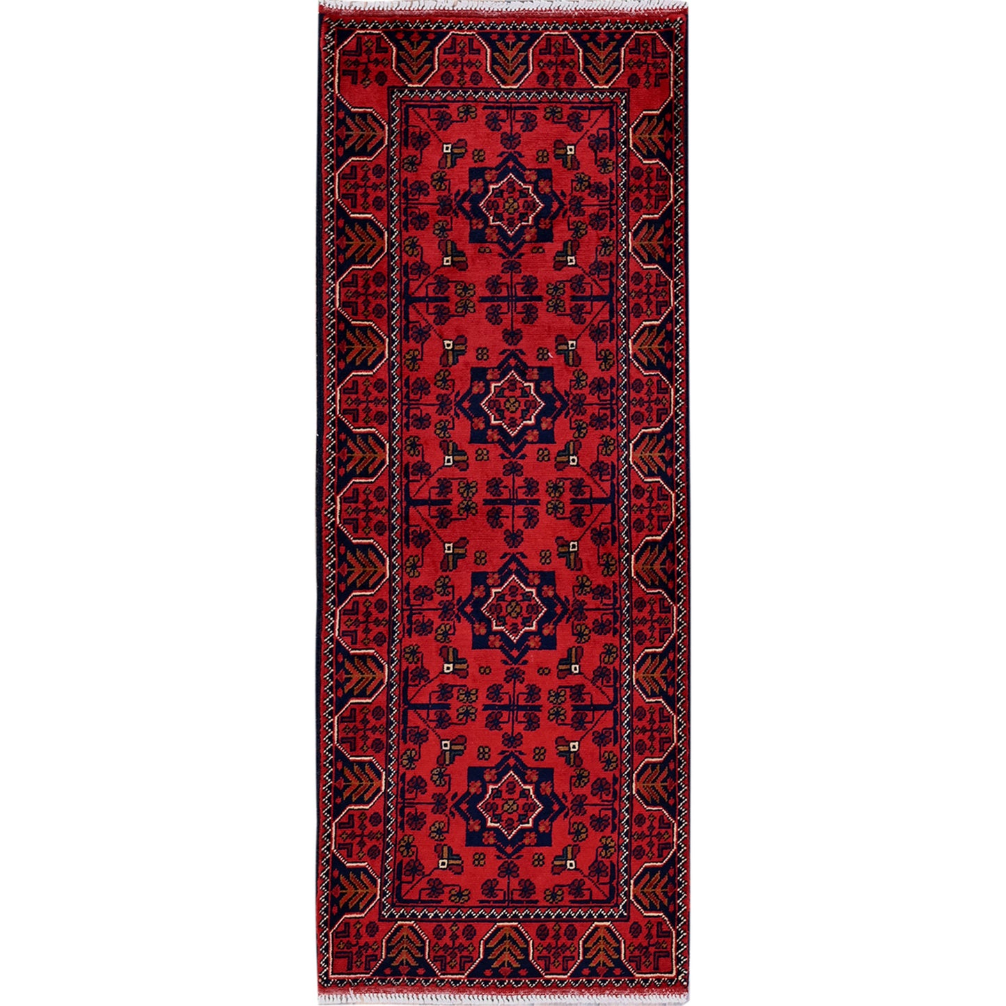 1'9"X4'8" Red Afghan Khamyab Geometric Pattern Wool Hand Knotted Runner Rug
