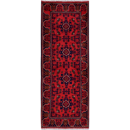 1'9"X4'8" Red Afghan Khamyab Geometric Pattern Wool Hand Knotted Runner Rug