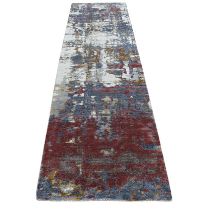 2'6"X10' Gray Modern Abstract Wool And Silk Hand Knotted Runner Rug