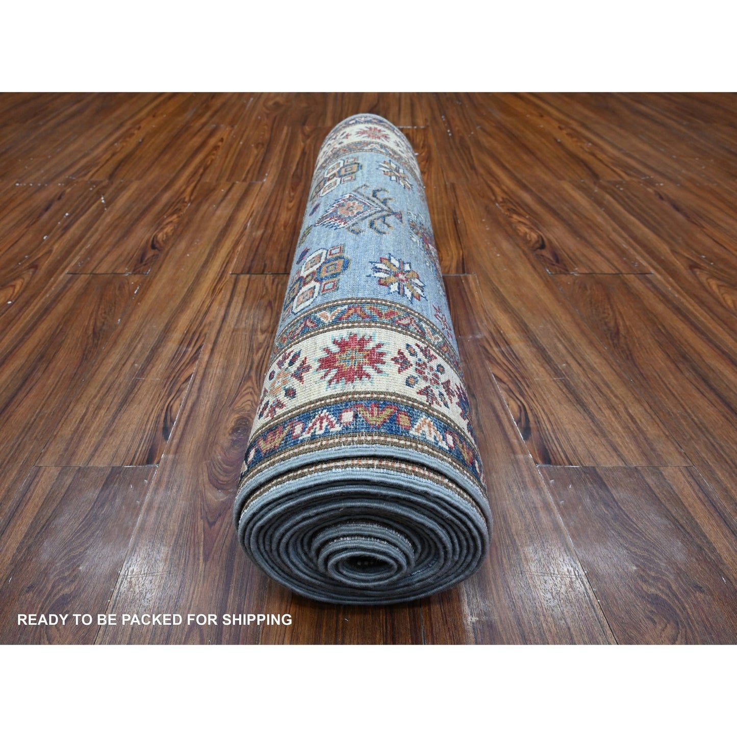 2'7"X19'6" Dodger Blue Super Kazak Hand Knotted Geometric Xl Runner Rug