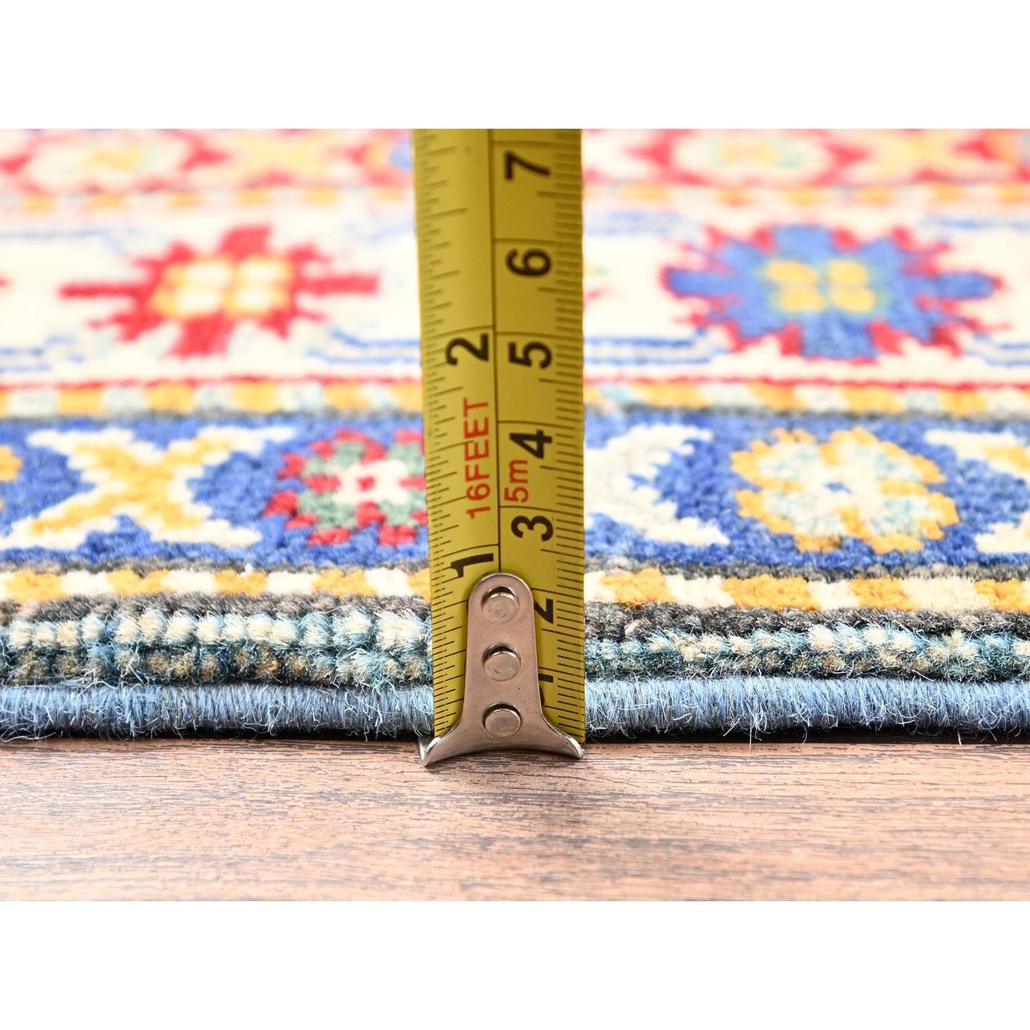 2'9"X12'3" Blue Kazak With Geometric Design Hand Knotted Rug Wool Runner