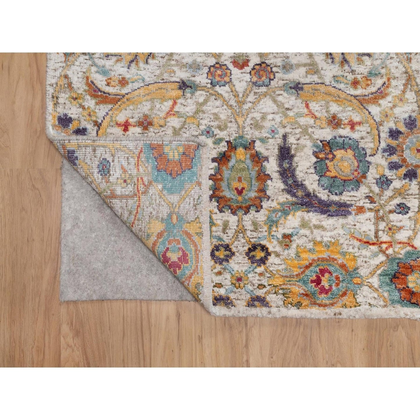 2'7"X10' Ivory Sickle Leaf Design Runner Rug Hand Knotted Silk With Wool