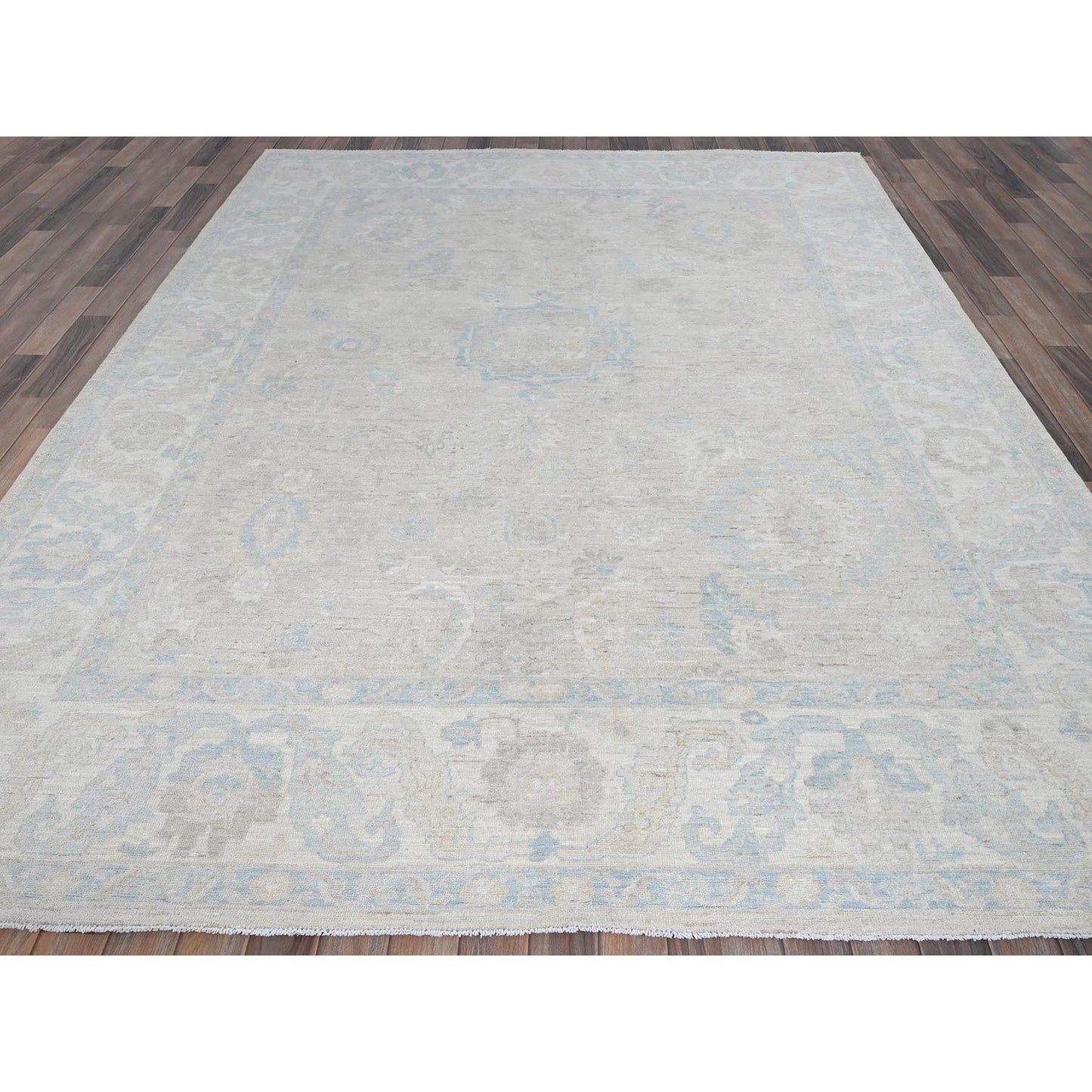 7'9"X9'10" Bone White Washed Out Peshawar Pure Wool Hand Knotted Rug