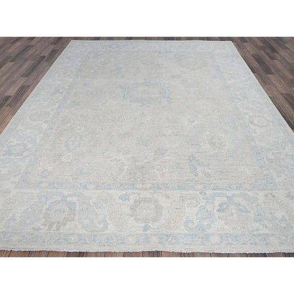 7'9"X9'10" Bone White Washed Out Peshawar Pure Wool Hand Knotted Rug
