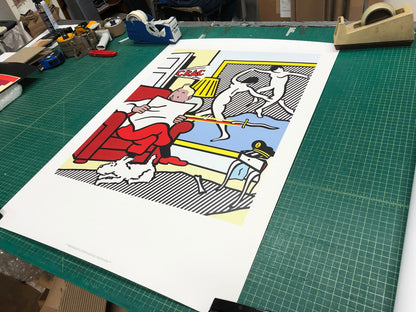 Roy Lichtenstein Tintin Reading " Poster Pop Art Gray, White, Mul