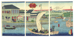 WB Hiroshige Japan Woodblock Prints Antique Ukiyo-e Yokohama Sea Ship Triptych