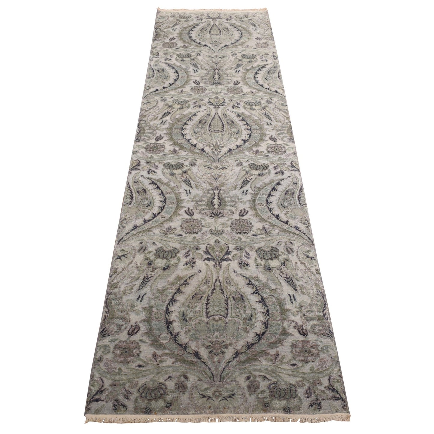 3'x11'10" Mist Gray Flower Design Silk with Wool Hand Knotted Runner Rug