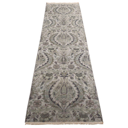 3'x11'10" Mist Gray Flower Design Silk with Wool Hand Knotted Runner Rug