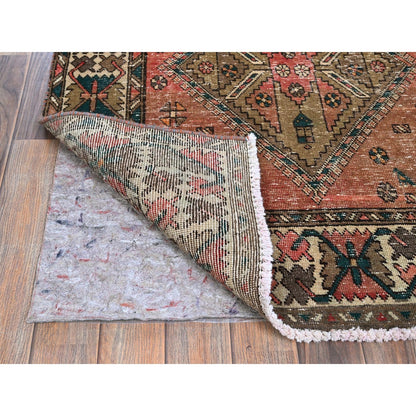 3'5"X10'3" Blush Red Vintage Zoroastrian Hand Knotted Pure Wool Runner Rug