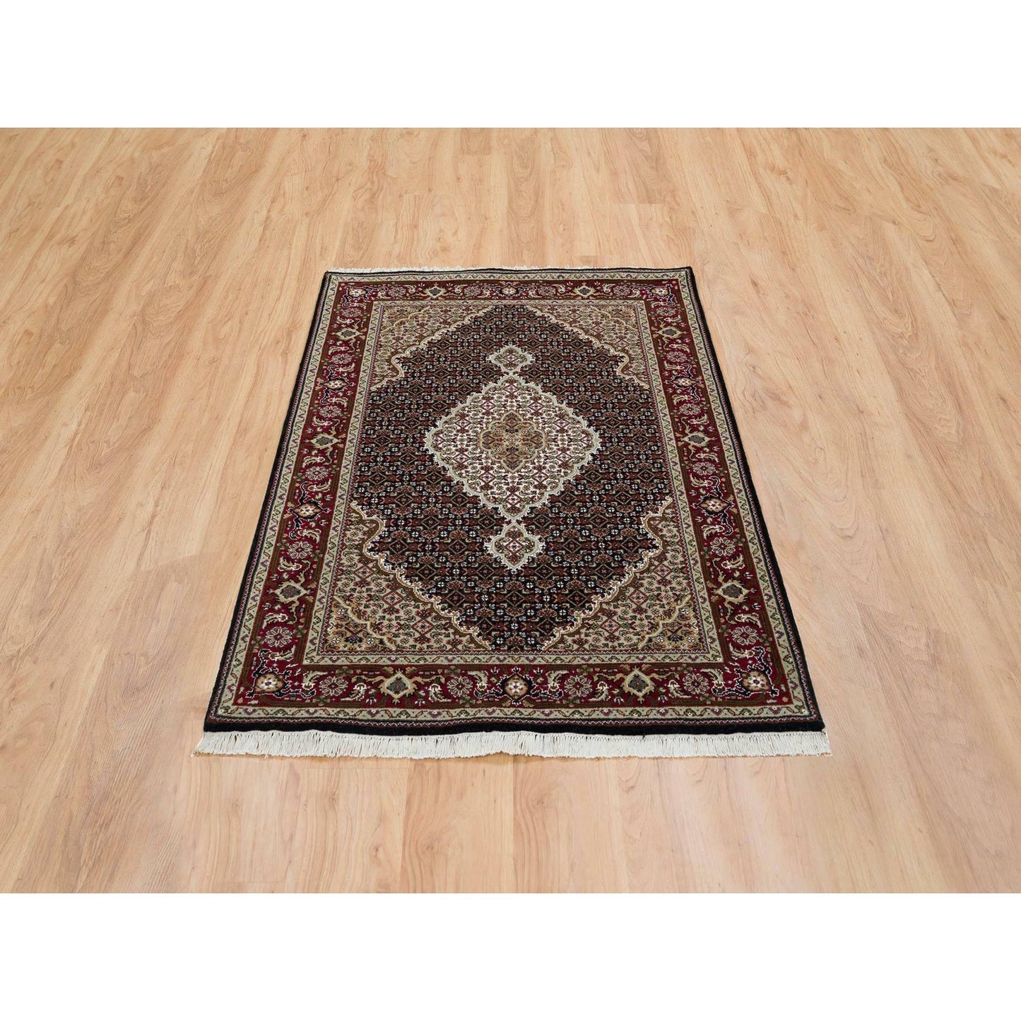 4'1"X6' Rich Black Tebraz Mahi Design 175 Kpsi Hand Knotted Wool Rug