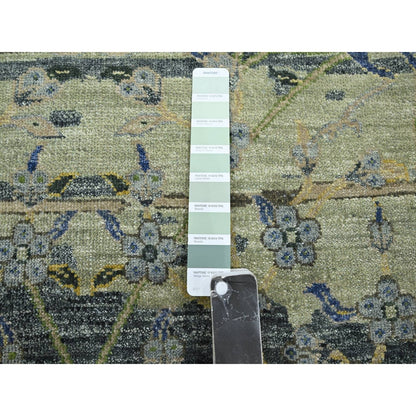 6'1"X9'3" Green Broken And Erased Birds Design Hand Knotted Pure Wool Rug