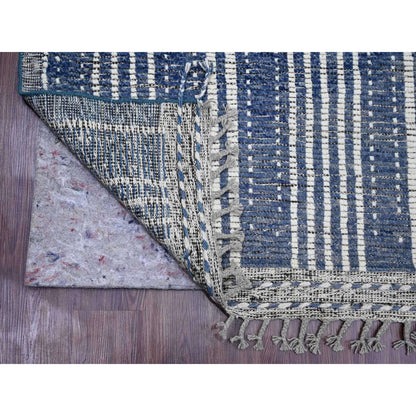 6'X10'4" Blue Moroccan Weave With Line Design Soft Wool Hand Knotted Rug