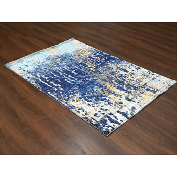4'X6' Blue Modern Mosaic Design Wool And Silk Hand Knotted Rug