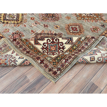 9'X12'4" Stone Gray Soft Wool Hand Knotted Afghan Super Kazak Rug