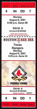 2001 Ticket Red Sox Scott Hatteburg Hits Into