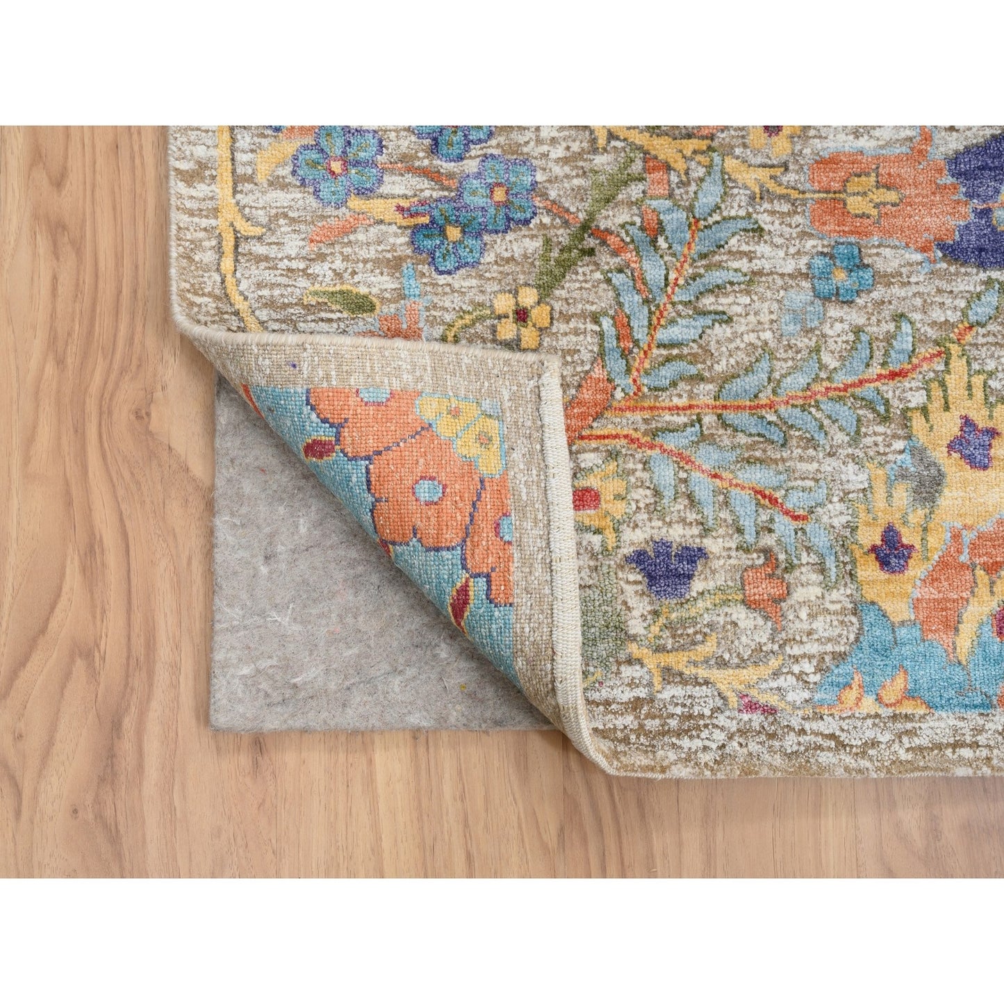 9'1"X12'4" Silk With Wool Hand Knotted Tan Sickle Leaf Design Rug