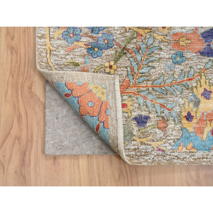 9'1"X12'4" Silk With Wool Hand Knotted Tan Sickle Leaf Design Rug
