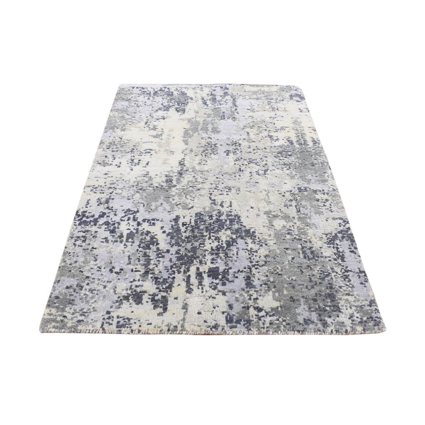 2'1"X3' White Abstract Design Wool And Silk Hand Knotted Mat Rug