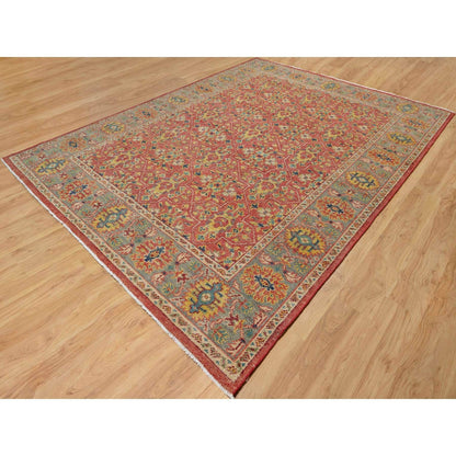 9'X11'10" Red 100% Wool Hand Knotted Antiqued Oushak Design Oriental Rug