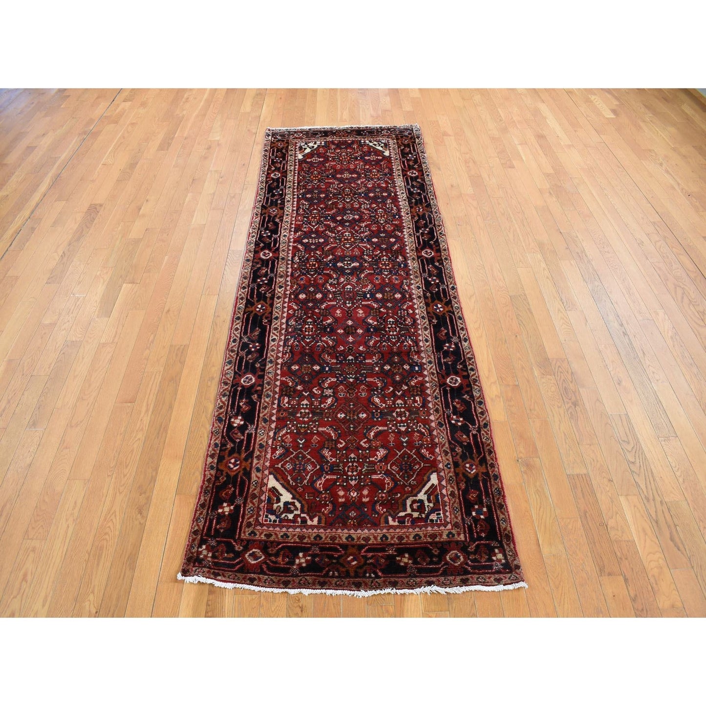 3'7"X10'2" Red Semi Antique Zoroastrian Wool Hand Knotted Wide Runner Rug