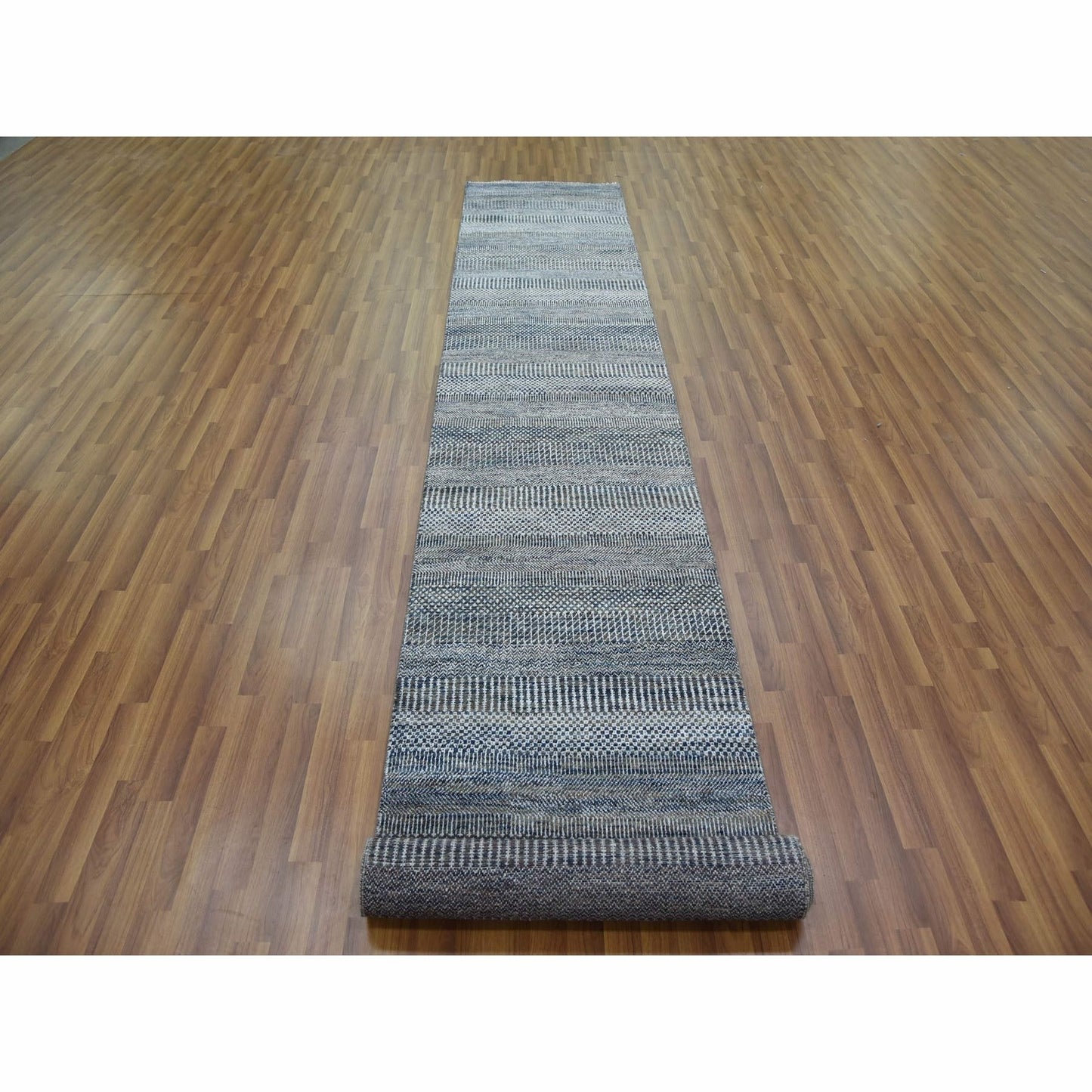 2'7"X14' Gray Wool And Silk Hand Knotted Modern Grass Design Runner Rug