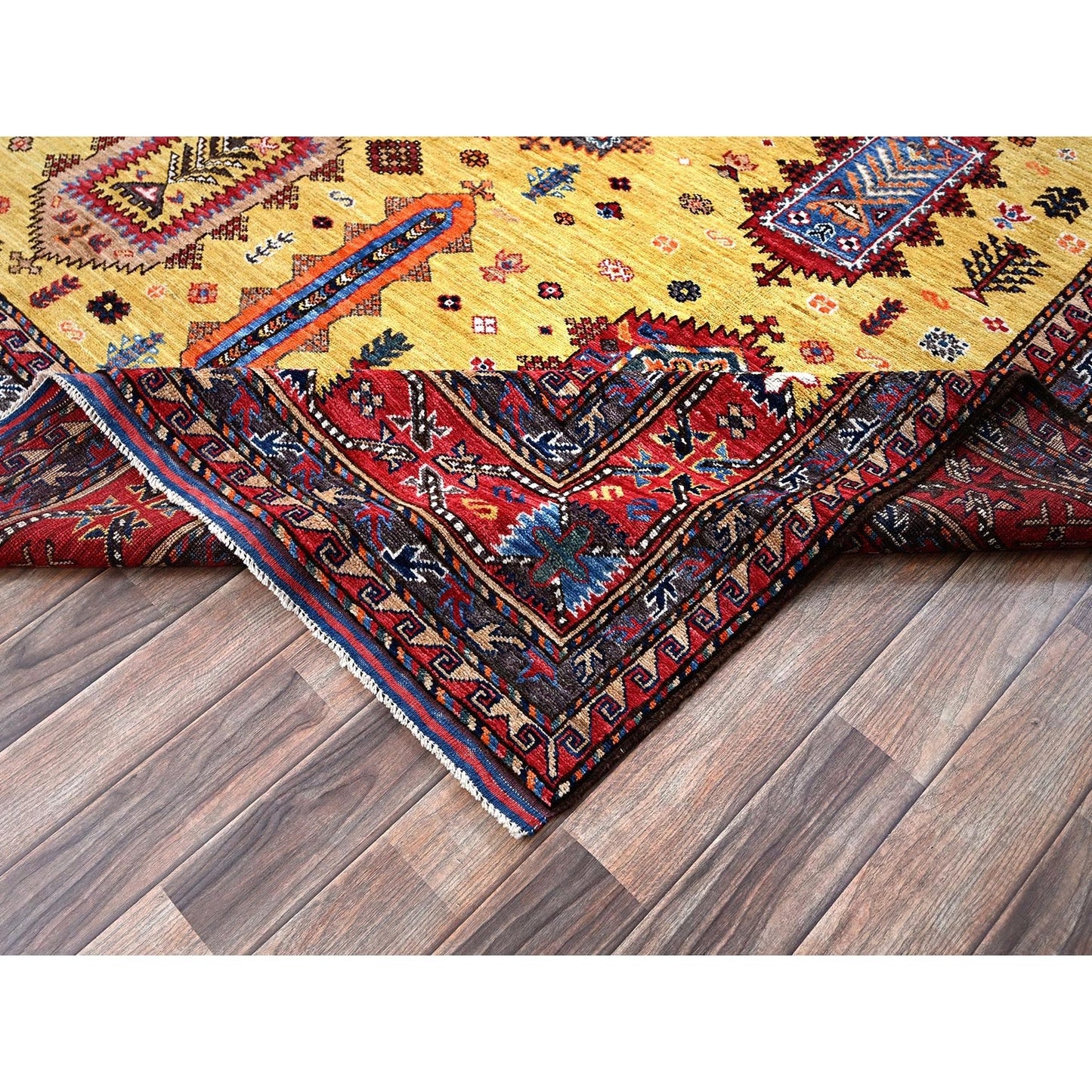 Soft Wool Hand-Knotted Afghan Rug in Yellow with Caucasian Design (8'3"x9'8")