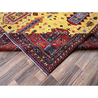 Soft Wool Hand-Knotted Afghan Rug in Yellow with Caucasian Design (8'3"x9'8")