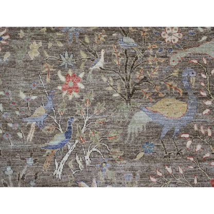 9'1"X11'9" Brown Afghan Peshawar Birds Design Soft Wool Hand Knotted Rug