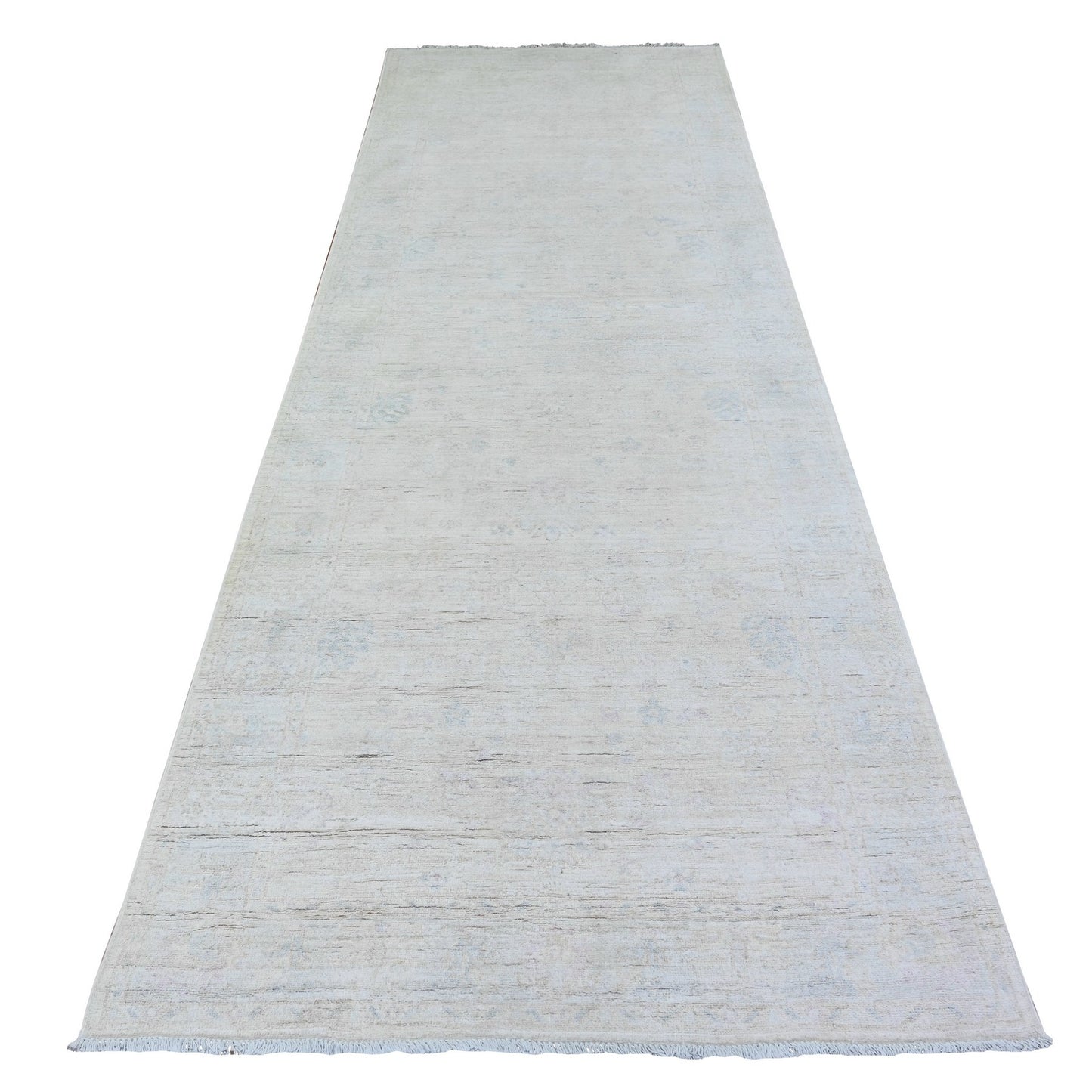 3'10"X11'2" White Diamond Hand Knotted White Wash Peshawar Runner Rug