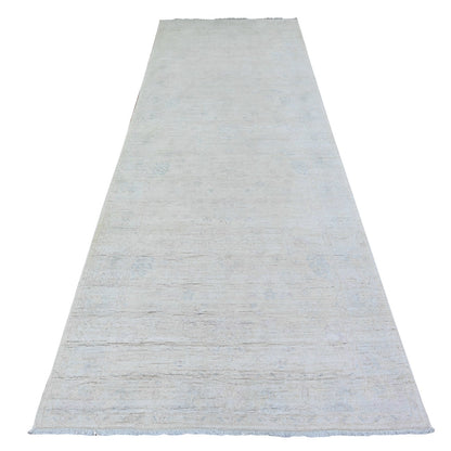 3'10"X11'2" White Diamond Hand Knotted White Wash Peshawar Runner Rug