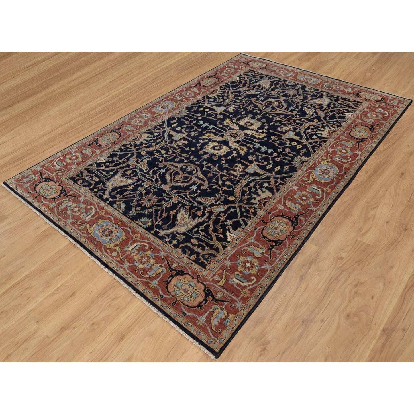 6'X9'3" Blue Antiqued Fine Heris Re-Creation Rug Hand Knotted Soft Wool