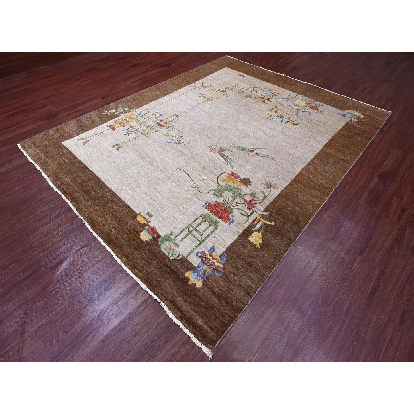 7'10"X10'1" White Chinese Art Deco Inspire Peshawar Hand Knotted Wool Rug