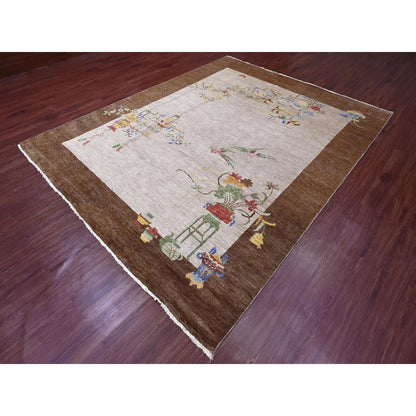 7'10"X10'1" White Chinese Art Deco Inspire Peshawar Hand Knotted Wool Rug