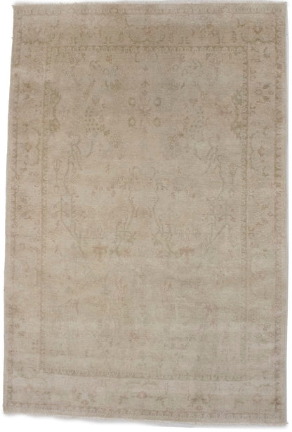Transitional Muted Beige Floral Handmade Oriental