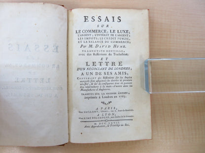 David Hume ?Essais Sur Le Commerce?, 1767, First Edition, Full Leather Binding