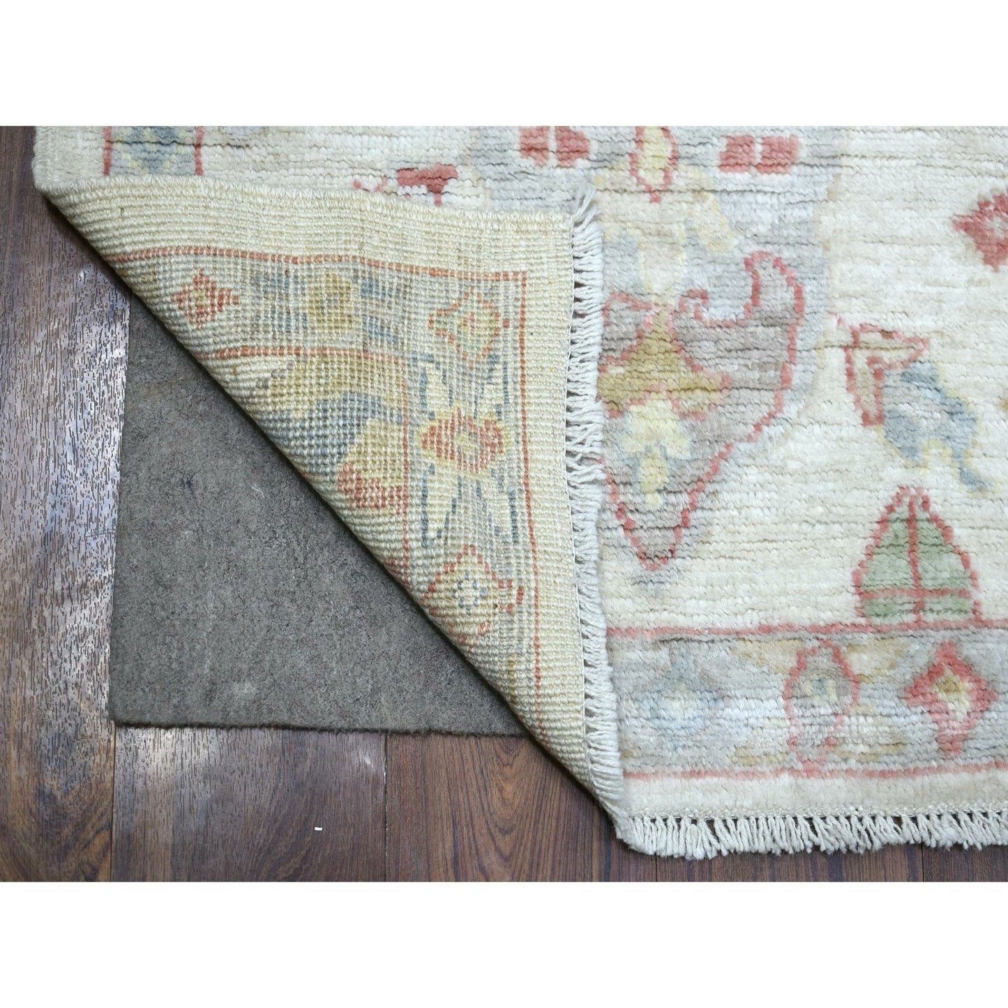 4'2"X5'7" Ivory Hand Knotted Angora Oushak All Over Motifs Wool Rug