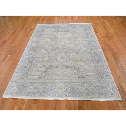 6'X9'5" Gray Pure Silk & Textured Wool Oushak Geometric Motif Rug