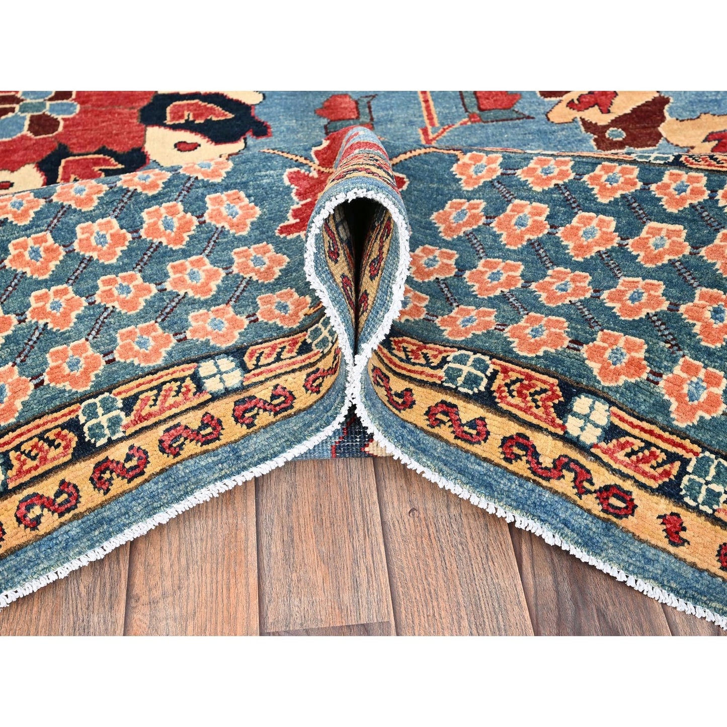 8'X10'4" Blue Wool Rug Afghan Peshawar Heris All Over Design Hand Knotted