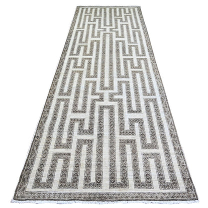 4'X11'8" Taupe Brown Hand Knotted Wool Fine Peshawar Runner Oriental Rug