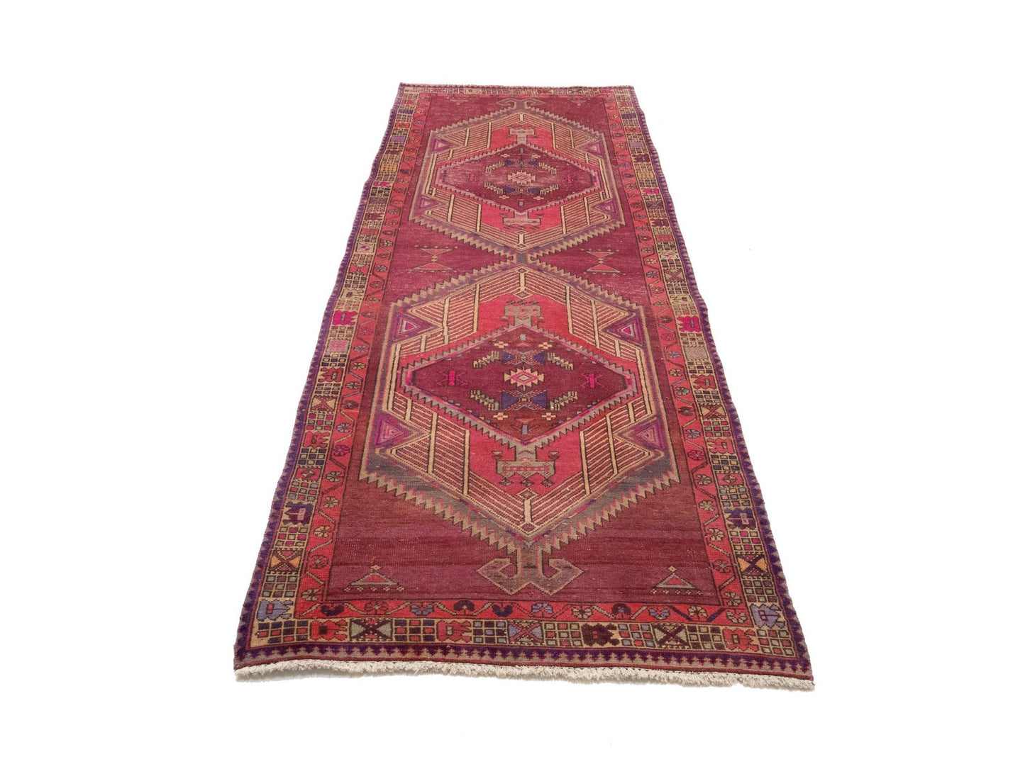 Oriental runner rug geometric tribal style carpet handmade vintage wool 4x11