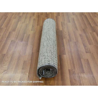 2'6"X5'10" Frost Gray Undyed Wool Grass Design Hand Knotted Runner Rug