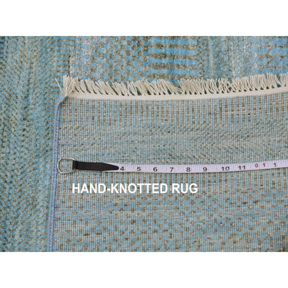 2'6"X16'3" Blue Hand Knotted Wool And Silk Grass Design Xl Runner Rug